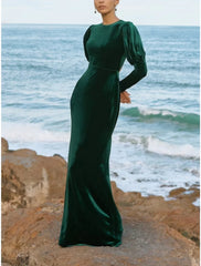 A-Line Evening Gown Elegant Dress Formal Fall Floor Length Long Sleeve Jewel Neck Velvet with Ruched