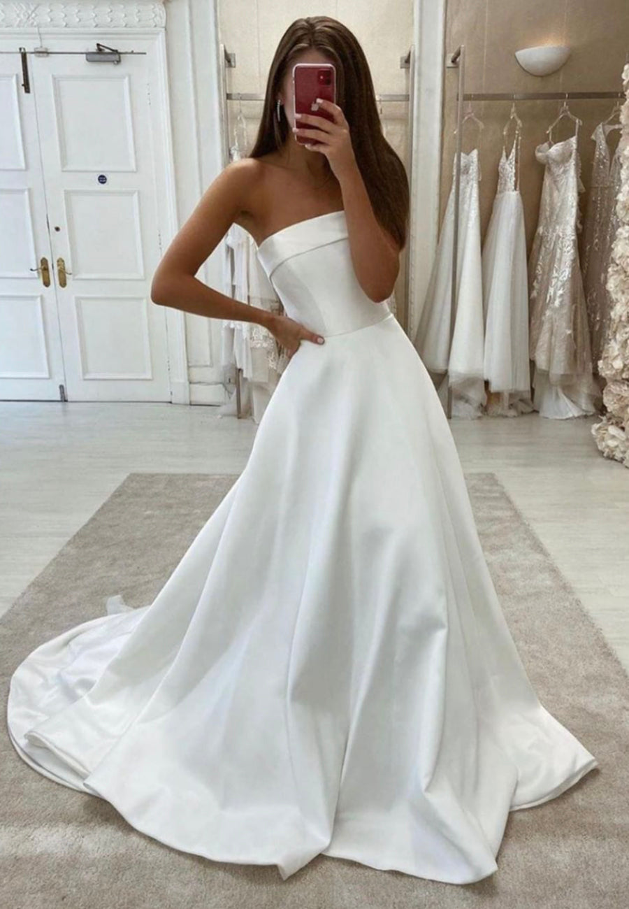White Strapless Satin Long Prom Dresses, Simple Evening Dresses