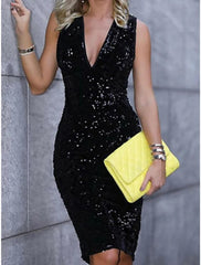 Sheath / Column Wedding Guest Dresses Sparkle & Shine Dress Wedding Party Semi Formal Knee Length Sleeveless V Neck Sequined with Sequin Pure Color