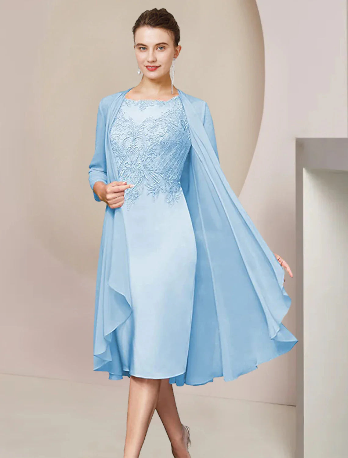 Aimishang Two Piece Sheath / Column Mother of the Bride Dress Formal Wedding Guest Elegant Scoop Neck Knee Length Chiffon Lace Half Sleeve Jacket Dresses with Appliques