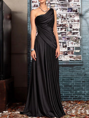 Aimishang Sheath Black Dress Evening Gown Elegant Dress Formal Evening Floor Length Sleeveless One Shoulder Fall Wedding Guest Satin Backless with Pleats Crystals Draping