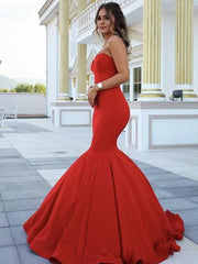 Ruffle Satin Sweetheart Red Prom Dresses Mermaid Floor Length Dress