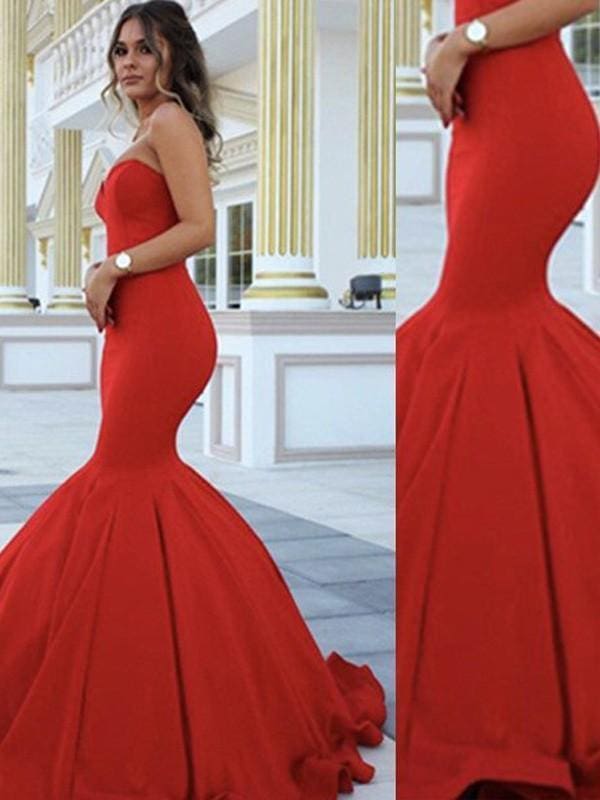 Ruffle Satin Sweetheart Red Prom Dresses Mermaid Floor Length Dress