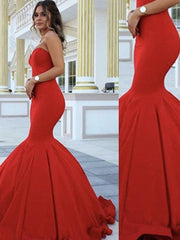 Ruffle Satin Sweetheart Red Prom Dresses Mermaid Floor Length Dress