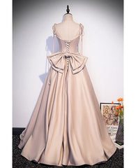 Elegant Champagne Square Neck Fine Shoulder Strap Pleated Satin Ball Dress Champagne A-line Bow Lace Open Back Strap and Floor Length Evening Dress
