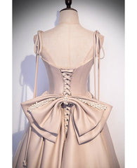 Elegant Champagne Square Neck Fine Shoulder Strap Pleated Satin Ball Dress Champagne A-line Bow Lace Open Back Strap and Floor Length Evening Dress