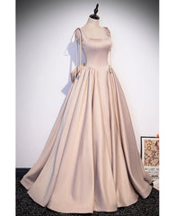 Elegant Champagne Square Neck Fine Shoulder Strap Pleated Satin Ball Dress Champagne A-line Bow Lace Open Back Strap and Floor Length Evening Dress