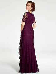 Sheath / Column Mother of the Bride Dress V Neck Floor Length Lace Short Sleeve with Lace Beading