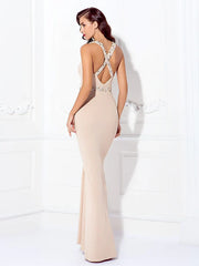 Beautiful Back Dress Wedding Guest Floor Length Sleeveless Halter Spandex Crisscross Back with Beading