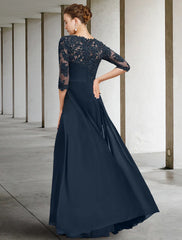 Aimishang Sheath / Column Mother of the Bride Dress Wedding Guest Elegant Jewel Neck Floor Length Chiffon Lace Half Sleeve with Sequin Ruching Solid Color
