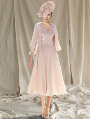 Aimishang  Two Piece A-Line Mother of the Bride Dress Wedding Guest Church Elegant V Neck Tea Length Chiffon Sleeveless Wrap Included with Appliques