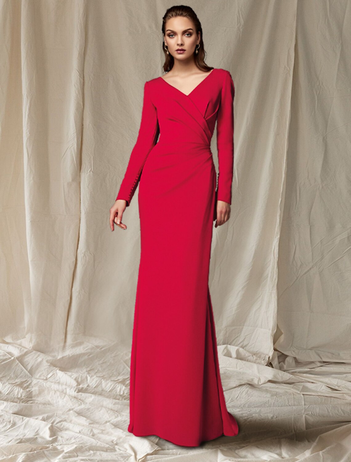 Aimishang  Mermaid / Trumpet Mother of the Bride Dress Elegant V Neck Sweep / Brush Train Stretch Fabric Long Sleeve with Buttons Side-Draped