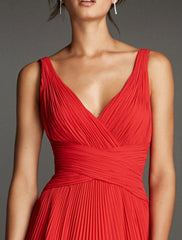 Aimishang A-Line Empire Red Green Dress Formal Evening Dress V Neck Sleeveless Floor Length Chiffon with Pleats