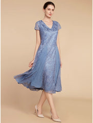 Aimishang  A-Line Mother of the Bride Dress Wedding Guest Elegant Petite V Neck Knee Length Chiffon Lace Short Sleeve with Ruching Solid Color