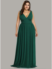 A-Line Plus Size Wedding Formal Evening Dress V Neck V Back Sleeveless Floor Length Chiffon with Pleats