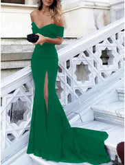 A-Line Evening Gown Elegant Dress Formal Court Train Short Sleeve Off Shoulder Stretch Fabric with Pleats Slit