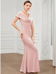 Evening Gown Vintage Dress Floor Length Short Sleeve V Neck Velvet V Back with Ruffles