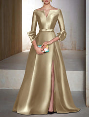 A-Line Evening Gown Elegant Dress Formal Cocktail Party Floor Length Long Sleeve V Neck Wedding Guest Satin