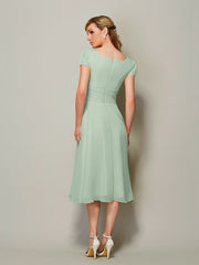 Weitese Sheath/Column Bateau Short Sleeves Ruffles Short Chiffon Tea-Length Bridesmaid Dresses