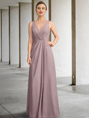 Two Piece Mother of the Bride Dress Plus Size Elegant V Neck Floor Length Chiffon Sleeveless Wrap Included Jacket Dresses with Pleats