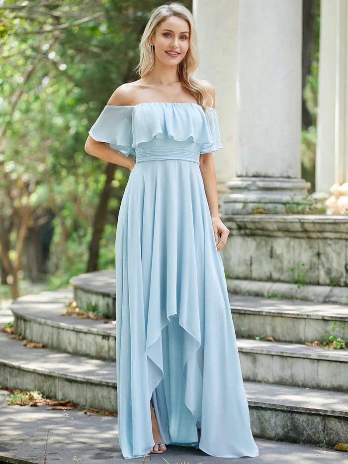 Weitese Elegant Chiffon High-Low Off The Shoulder Bridesmaid Dress