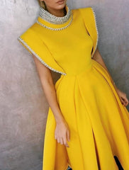 A-Line Elegant Vintage Party Wear Formal Evening Dress High Neck Sleeveless Tea Length Stretch Fabric with Beading