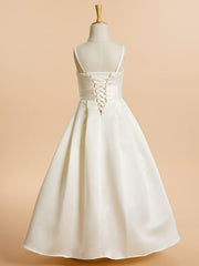 Satin A-Line Flower Girl Dress with Sleeveless Spaghetti Strap and Sash Ribbon