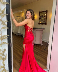 Mermaid Ruched Red Senior Prom Dress With Slit Strapless