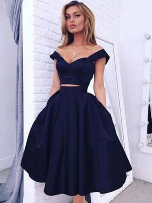 Satin Off-the-Shoulder Sleeveless Knee-Length Dresses With Ruffles