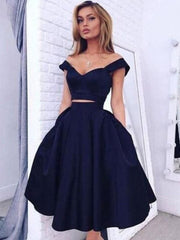 Satin Off-the-Shoulder Sleeveless Knee-Length Dresses With Ruffles