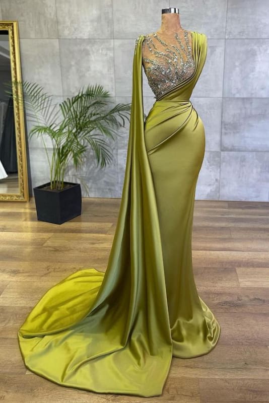Satin Sage Mermaid Evening Gown with Side Cape