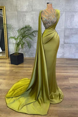 Satin Sage Mermaid Evening Gown with Side Cape