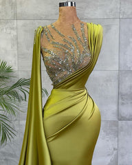 Satin Sage Mermaid Evening Gown with Side Cape