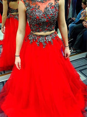 Satin Scoop Sleeveless Floor-Length With Applique Two Piece Dresses