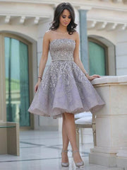 Satin Strapless A-line Knee-Length Dresses With Sequin