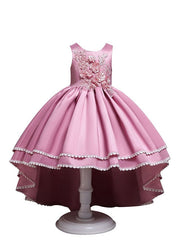 Satin Tulle Asymmetrical Flower Girl Dress with Lace Belt Appliques
