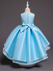 Satin Tulle Asymmetrical Flower Girl Dress with Lace Belt Appliques