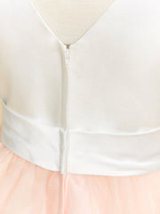 Satin Tulle Ball Gown Flower Girl Dress with V Neck and Sash Ribbon Crystals