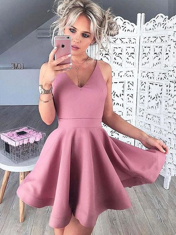 Satin V-neck Sleeveless A-line Short/Mini With Ruffles Prom Dresses