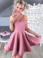 Satin V-neck Sleeveless A-line Short/Mini With Ruffles Prom Dresses