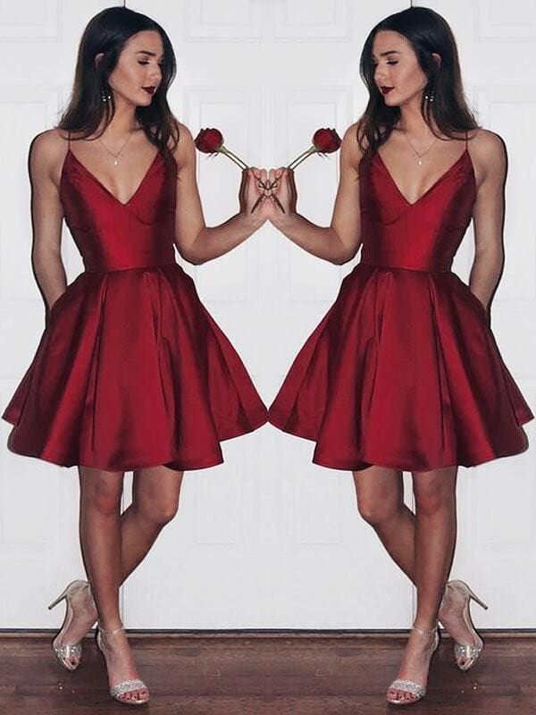 Satin V-neck Sleeveless A-line Short With Ruffles Prom Dresses