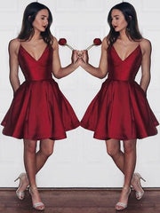 Satin V-neck Sleeveless A-line Short With Ruffles Prom Dresses