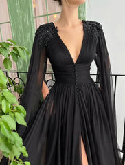 A-Line Evening Gown Black Dress Plus Size Formal Masquerade Court Train Long Sleeve V Neck Wednesday Addams Family Chiffon with Buttons Slit Appliques 2025