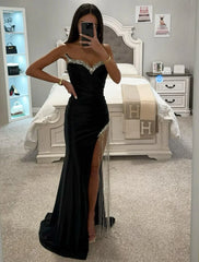 Mermaid / Trumpet Prom Dresses Elegant Dress Formal Prom Floor Length Sleeveless Sweetheart Satin with Crystals Tassel Slit