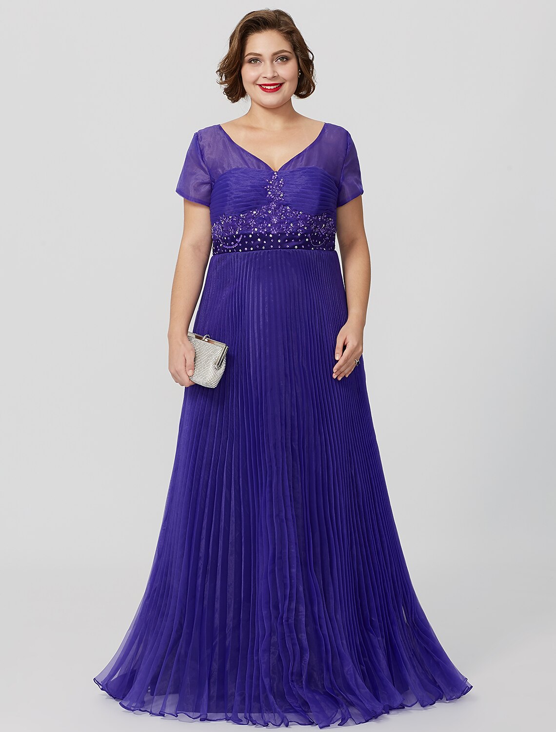 Aimishang Princess Mother of the Bride Dress Elegant & Luxurious Glamorous & Dramatic Plus Size V Neck Floor Length Organza Short Sleeve No with Pleats Beading Appliques