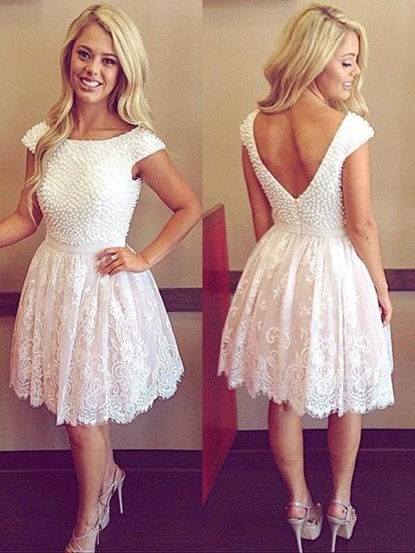 Scoop A-line Pearls Short/Mini Party Dresses with Lace