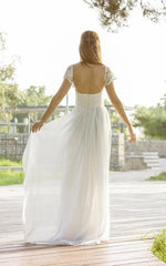 Scoop Cap Sleeves Backless Long Chiffon Lace Appliques Wedding Dress withTrain