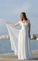 Scoop Cap Sleeves Backless Long Chiffon Lace Appliques Wedding Dress withTrain