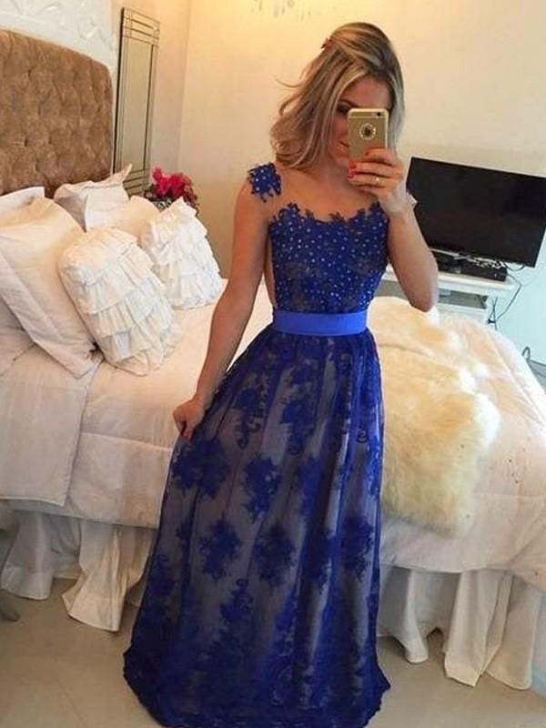 Scoop Neck Sleeveless Floor-Length Tulle Formal Dress With Appliques