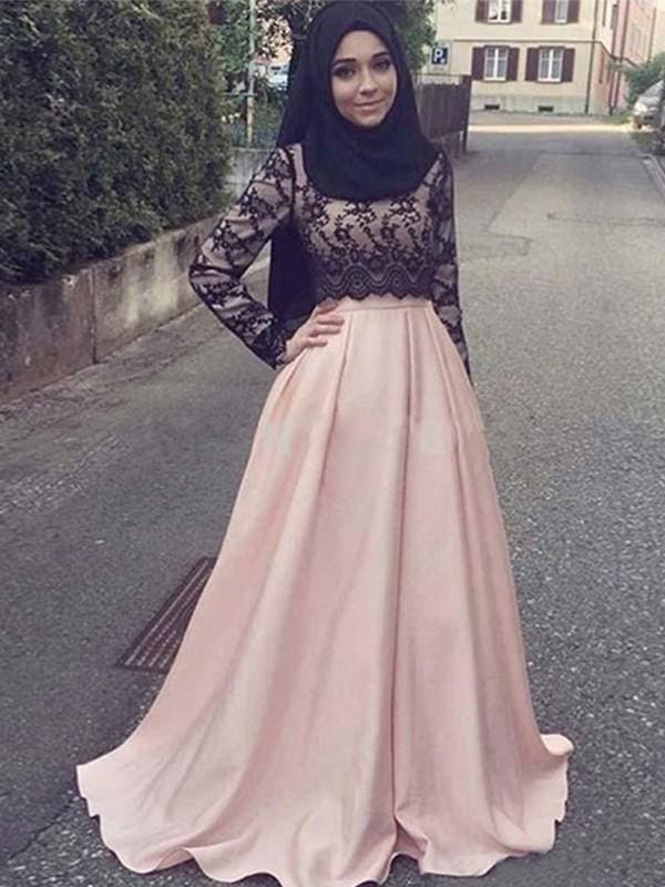 Scoop Neck Sweep Train Applique Satin Muslim Dresses